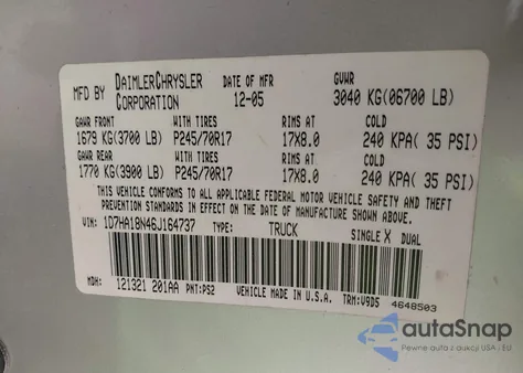 2006 Dodge Ram 1500 Slt from USA, damaged, VIN 1D7HA18N46J164737